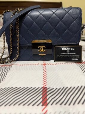 Chanel Lock flap Navy Quilted Sheepskin Shoulder Bag with Gold Hardware